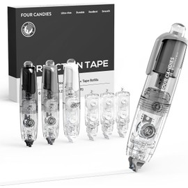 Four Candies Juego de cintas correctoras rellenables y retráctiles, set de 3 en blanco con 3 cintas de repuesto. Diseño suave en forma de lápiz – lindo y práctico para la escuela, oficina y estudio