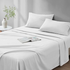 Comfort Spaces 100% Cotton Sheet Set Breathable, Lightweight, Soft with 14" Elastic Pocket Fits up to 16" Mattress, All Season Cozy Bedding, Matching Pillow Case, Cal King White 4 Piece