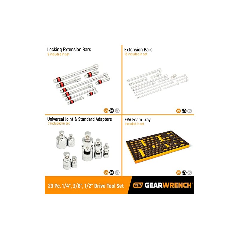 GEARWRENCH 29 Pc 1/4", 3/8", 1/2" Drive Chrome Tool Accessories