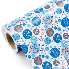 WRAPAHOLIC 30th Birthday Wrapping Paper - Mini Roll - 17 Inch x 33 Feet - Blue 30th Birthday Design for Birthday, Party, Holiday