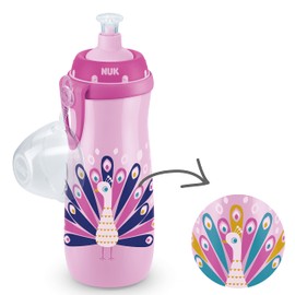 NUK Sports Cup Toddler Cup with Chameleon Effect | 24+ Months | 450 ml | Leak-Proof, Easy-Open/Close Push-Pull Spout | Colour Changing | Clip & Cap | BPA-Free | Peacock (Pink)