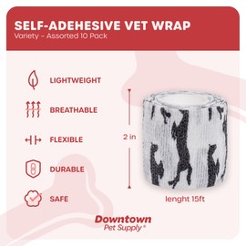 Downtown Pet Supply Cohesive Vet Wrap for Dogs, Self Adhesive Bandages in Bulk, Pet Cat Wound Care, Gauss Bandage for Horses (Variety, Pack of 10)