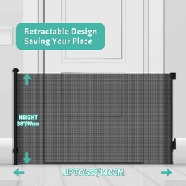 JSQBSECL Retractable Baby Gate, Pet Gate for Stairs, Mesh Dog Gate for Doorways, Safety Locking Gates for Baby Indoor, Stair Gate for Outdoor, Hallways, Doorways (Black, 55 inch)