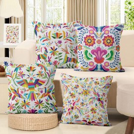 Hnmdmyi Kissenbezug Blumen 40x40 4er Set, Mexikanischen Bunten Ethnischen Vögel Blumen Dekorative Kissenbezüge Ästhetische Kunst Leinen Kissenhülle für Sofa Couch Bett Garten Outdoor Home Decor