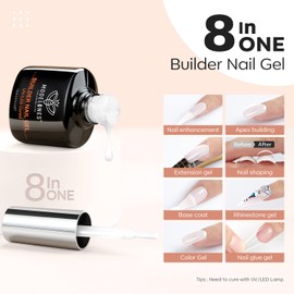 modelones Builder Nail Gel, Milky White Gel Builder for Nail Thickening, 8-in-One Builder Nail Strengthener LED Nail Lamp Cured Hard Gel Color Base Gel Extension Gel Nail Tips Glue Gel in a Bottle