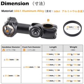 TRIWONDER Bicycle Stem, Handle Stem, Bike Stem, Clamp Diameter: 1.1 inches (28.6 mm), 1.0 inches (25.4 mm), Compatible with Mountain Bikes, Road Bikes, Cross Bikes, 0-60 Degree Adjustment, Handlebars 3.5 inches (90 mm) / 4.3 inches (110 mm) / 4.7 inches 