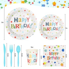 Happy Birthday Paper Plates and Napkins Party Supplies– Colorful Birthday Tableware with 7&9in Paper Plates,Napkins,Cups,& Blue Cutlery – Disposable Party Decorations for Kids,Boys,Girls,Serves 25