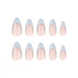 SINHOT Press on Nails Medium Almond Fake Nails Glossy Glue on Nails 3D White Chrome Acrylic Nails Stiletto Artificial Nails French Tip Stick on False Nails with Design 24 pcs