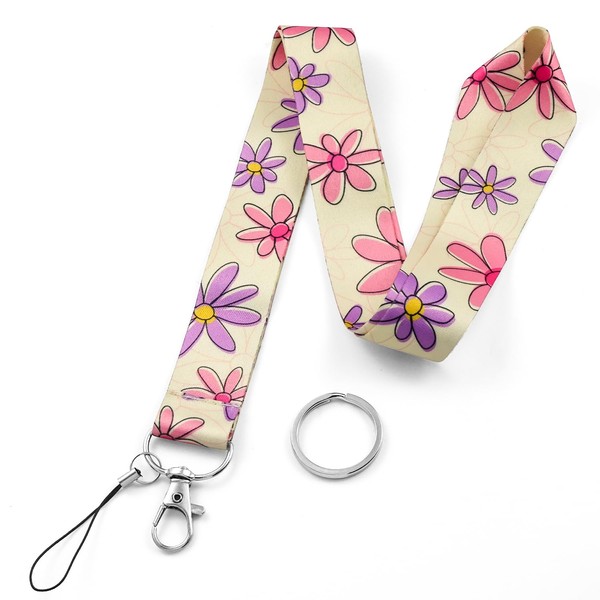 Pink Purple Floral Flowers Themed Print Lanyard Neck Strap for