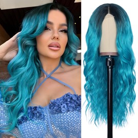NAYOO Long Ombre Bluish Green Wavy Wig for Women 26 Inch Middle Part Lace Hairline Curly Wavy Wig Natural Looking Synthetic Heat Resistant Fiber Wig for Daily Party Use