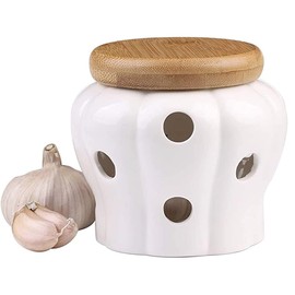 MEKBOK Garlic Keeper,Garlic Keeper for Counter,White Ventilated Garlic Container,Ceramic Garlic Storage Container with Bamboo Lid