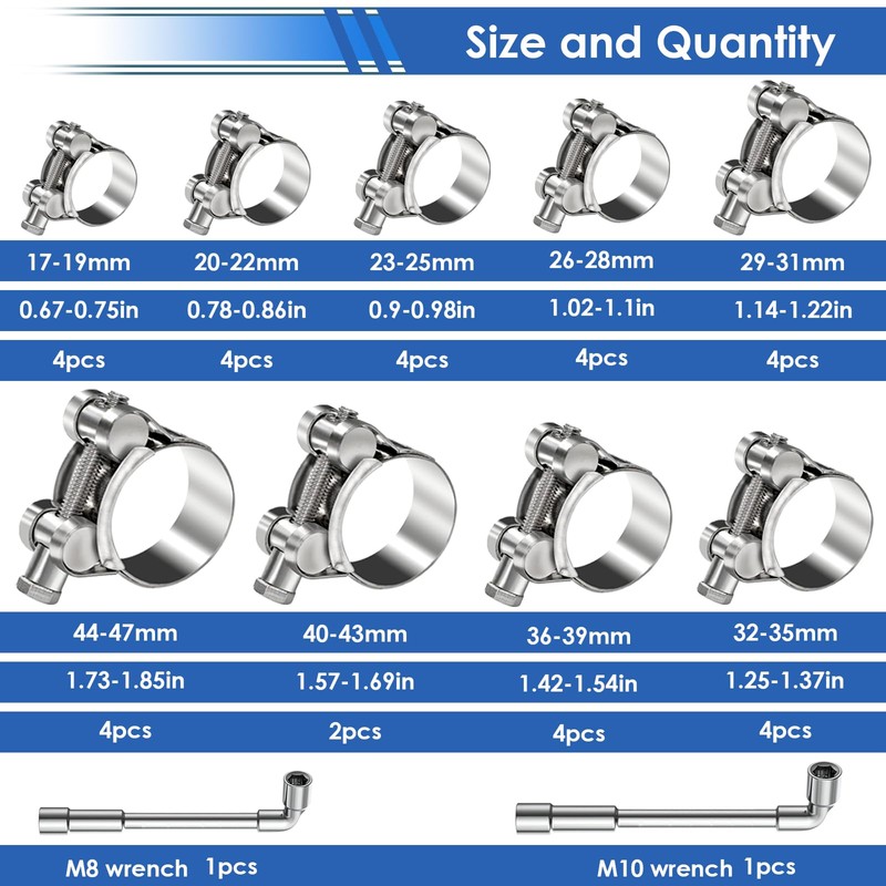 smseace 36Pcs 17-47mm T-bolt Hose Clamps 304 Stainless Steel 9-sizes