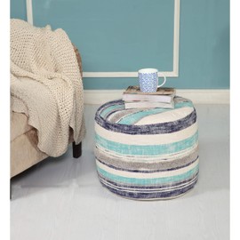 LR Home Coastal Stripe Pouf, 18"x14", White/Blue