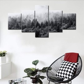 5 Piece Canvas Wall Art for Living Room- Misty Forests of Evergreen Coniferous Trees in an Ethereal Landscape with Low Laying Mist- Modern Home Decor Stretched and Framed Ready to Hang - 50"W x 24"H