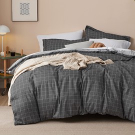 Bedsure Plaid Duvet Cover Twin Size - Grid Duvet Cover Set for Kids with Zipper Closure, Dark Grey Bedding Set, 2 Pieces, 1 Kids' Duvet Cover (68"x90") and 1 Pillow Sham (20"x26")