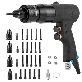 Pneumatic Rivet Nut Gun 10-24", 1/4", 5/16", 3/8" Gun Heads Air Rivet Nut Pull Setter Tool Quick-Change Nose-Piece Assembly 20 Mandrels Included Industrial Grade Air Rivnut Gun