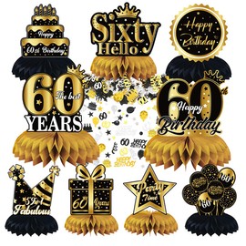 Aurasky 60th Birthday Table Decoration Black Gold, 9 Pieces Honeycomb Decoration Table Toppers Set with 10 g Happy Birthday Confetti Table Decoration for Decoration 60th Birthday 60th Year Old