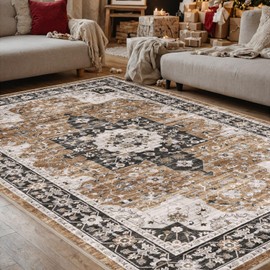 DEXI Area Rug 5x8, Washable Rugs Living Room Dining Bedroom Bedside, Non-Shedding Low-Pile Shag, Soft Extra Large Carpet Mat for Inside Floor Home Decor, Brown