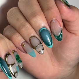 Medium Press on Nails Almond Fake Nails Green False Nails with Gold Designs Glue on Nails Glossy Stick on Nails Cute Artificial Nails for Women 24Pcs