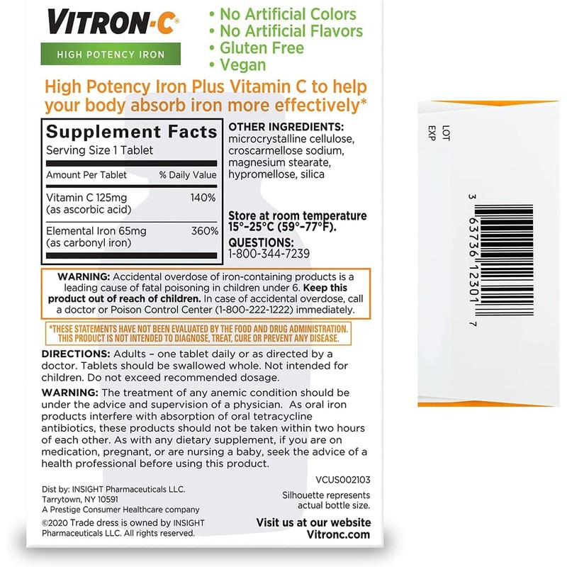 Vitron-C Iron Supplement Plus Vitamin C Coated Tablets 60 ct