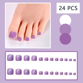 24Pcs Summer Purple Press on Toenails Short Square Solid Color Designs Glossy Cute Purple Acrylic Artificial Reusable Fake Toenails for Women Girls Toenails Decorations 24Pcs