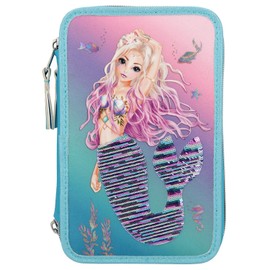 Depesche TOPModel Fantasy 10978 Filled 3-Compartment Pencil Case in Mermaid Design with Sequins, Pencil Case Approx. 7.5 x 13 x 20 cm, with Felt and Coloured Pencils, Ruler, Scissors, Glue, etc.