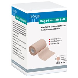 Höga Pharm Lan-Haft Soft Cohesive, Skin-Coloured 10 cm x 5 m, Permanently Elastic Compression Bandage with Short Pull, Breathable, Skin-Friendly, Selvedge, Pack of 1