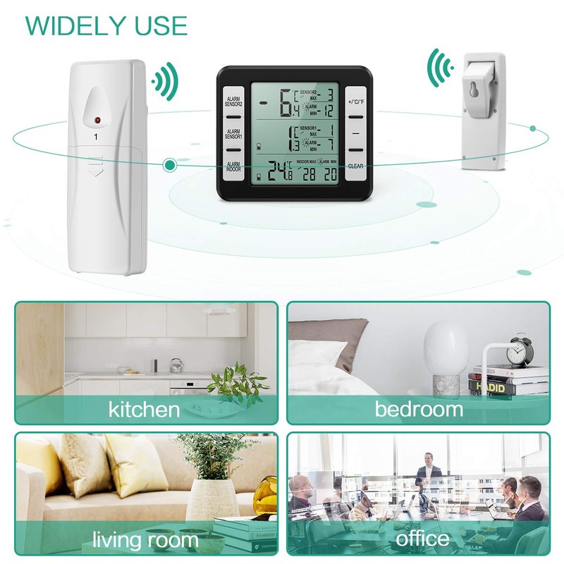 ORIA Refrigerator Thermometer, Wireless Digital Freezer Thermometer with 2 Wireless