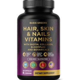 Biotina y Colágeno Basic Greens Para Cabello, Piel y Uñas con Complejo B, 120 Cápsulas