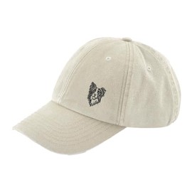 THE HOUSE OF DOG: Border Collie Owner Gift. Distressed Vintage Washed 100% Heavyweight Brushed Cotton Embroidered 6 Panel Low Profile Baseball Cap. Natural