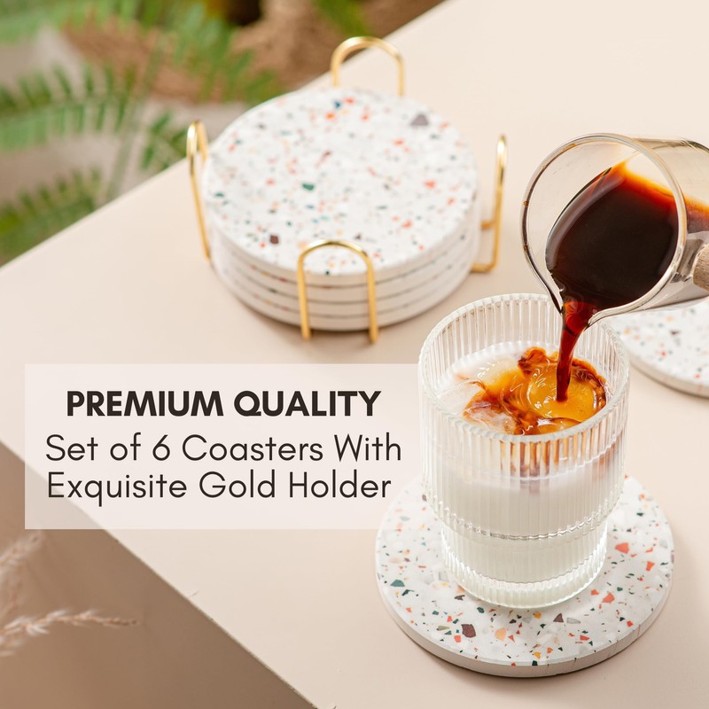 Terrazzo Drink Absorbent Coasters with Holder Set of 6, Ceramic