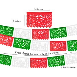 Papel Picado White, Red, Green Banner (Plastic) Mexican Independence Day Decorations, Mexico Decorations, Viva Mexico Banner for Party 3 pk