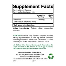 Best Naturals Dandelion Root 520 mg 250 Capsules (250 Count (Pack of 3))
