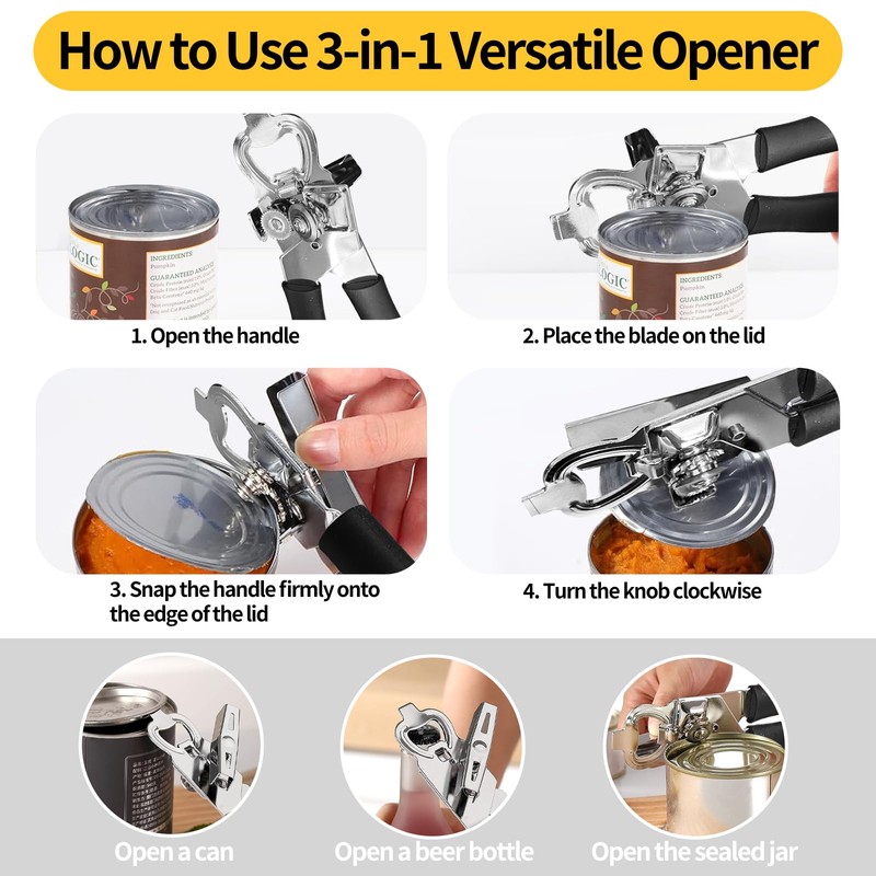 3-in-1 Can Opener with Multifunctional Non-Slip Bottle Opener, Can Opener