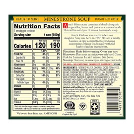 Amy's Soup, Vegan Hearty Minestrone, Made With Organic Vegetables, Beans and Pasta in Tomato Broth, Canned Soup, 14.1 Oz (12 Pack)