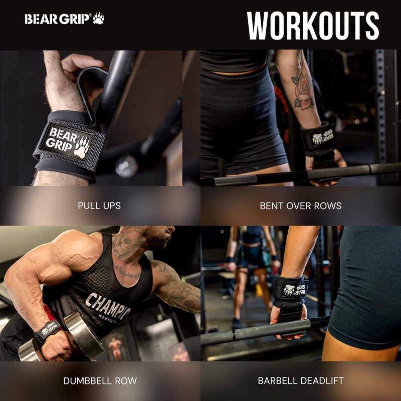 BEAR GRIP Weight Lifting Hooks, Non-Slip Rubberised Grips (Black)