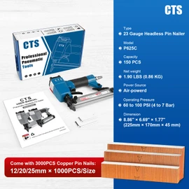 CTS P625C 23 Gauge Pin Nailer with 3000PCS Nails, Pneumatic Headless Pin Nail Gun with Safety Lock, Fits 1/2'' to 1'' (12 to 25mm) Pin Nails, Air Micro Pinner for Cabinets, Crafts and Woodworking