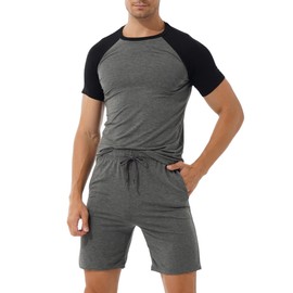 Men's Pyjamas Short Sleepwear Men's Pyjamas with Tops and Shorts Lounge Set Summer Shorty Sleepwear Two Piece Nightwear Set Gifts for Father and Companion, Black/grey