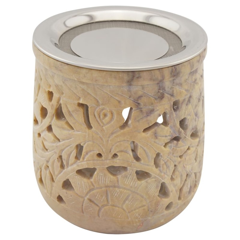 Indian Soapstone Incense Burner with Stainless Steel Strainer and Metal