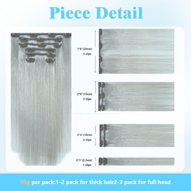 Ukira Grey Hair Extensions for Women, 70g 22 Inch 7pcs Silver Clip in Hair Extenisons Human Hair, Natural Straight Gray Remy Human Hair Clip ins Rallonge Cheveux Humain
