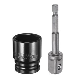 sourcing map Deep 6-Point Impact Socket 1/2" Drive 27mm Metric Socket 1.5" Length with 1/4" Hex Shank Adapter, CR-V Steel Socket Adapter Accessory Tool Set Kit for Hex Bolts Nuts