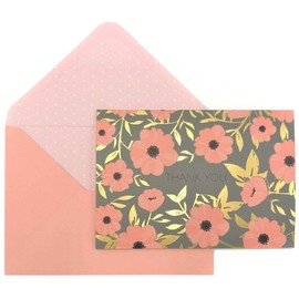Lady Jayne Pink Floral & Gold Foiled Leaves Thank You Notes Greeting Card Notecard Boxed Set of 12 Blank Cards & Envelopes