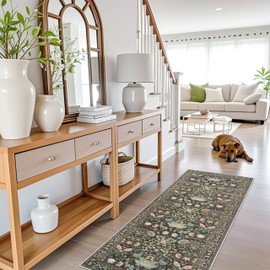 Hallway 2x5 Washable Runner Rug: Oriental Floral Stain Resistant Rug for Entryway Kitchen Farmhouse Soft Carpet for Bathroom Bedroom Thin Laudry Living Room Floor Mat with Non Slip Backing(2x5,Green)