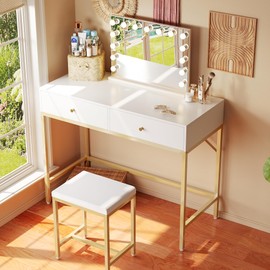 SUPERJARE 31.5" White and Gold Desk with 2 Drawers, Modern Makeup Vanity with Padded Stool, Small Computer Desk Home Office Desk for Writing Study Bedroom
