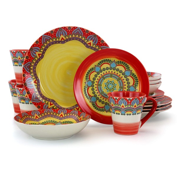 Elama Multicolored Round Stoneware Mandala Pattern Dinnerware Set, 16 Piece, Red