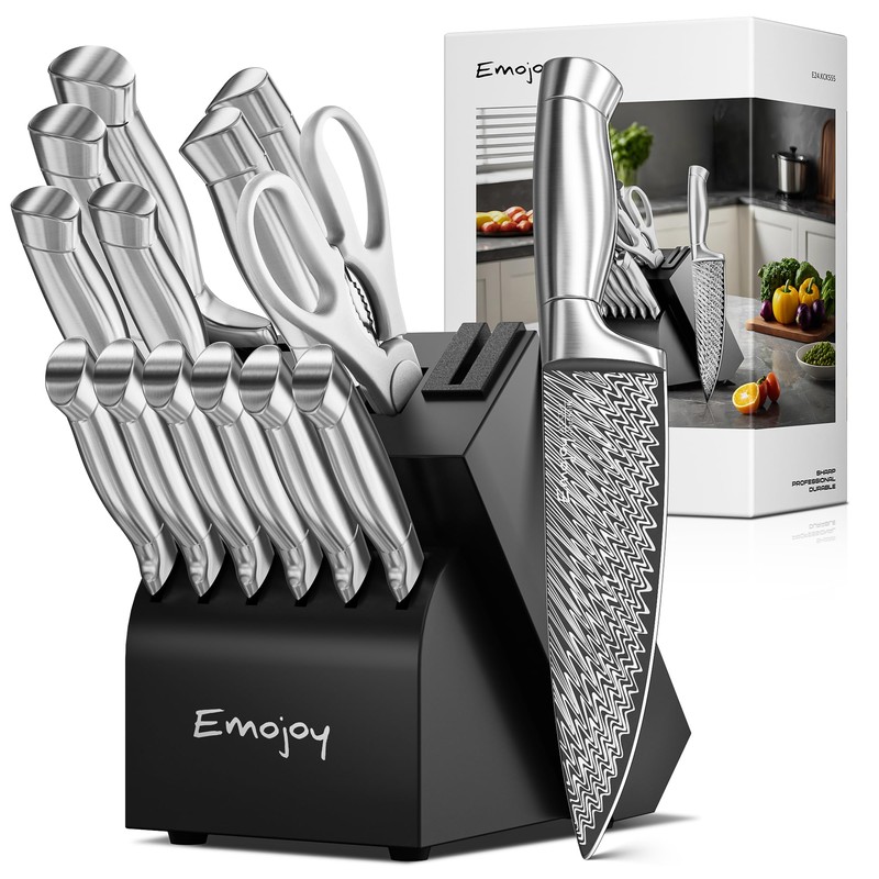 Knife Set, Emojoy 15-Pcs Kitchen Knife Set with Block and