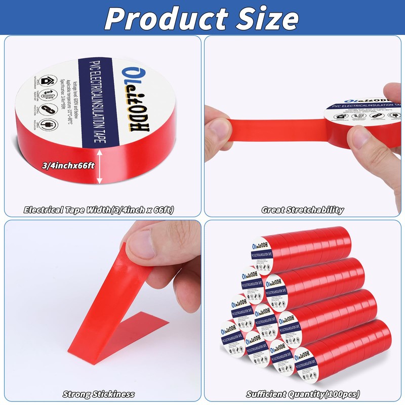 Oleitodh 100 Rolls Red Electrical Tape Bulk 3/4 Inch x