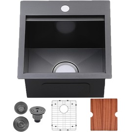 Black Bar Sink Drop In-15x15 Inch Kitchen Sink Stainless Steel Square Small Topmount Workstation Kitchen Bar Sink，Single Bowl Kitchen Sink for Office Laundry Wet Bar Prep RV Outdoor Yard