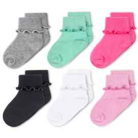 CozyWay Baby Girls Socks 6 Pack Ruffle Ripple Edge Turn Cuff Socks 9-24 Months for Baby Toddler Girls