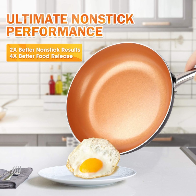MICHELANGELO Copper Frying Pan Set with Lid, 8" & 10"
